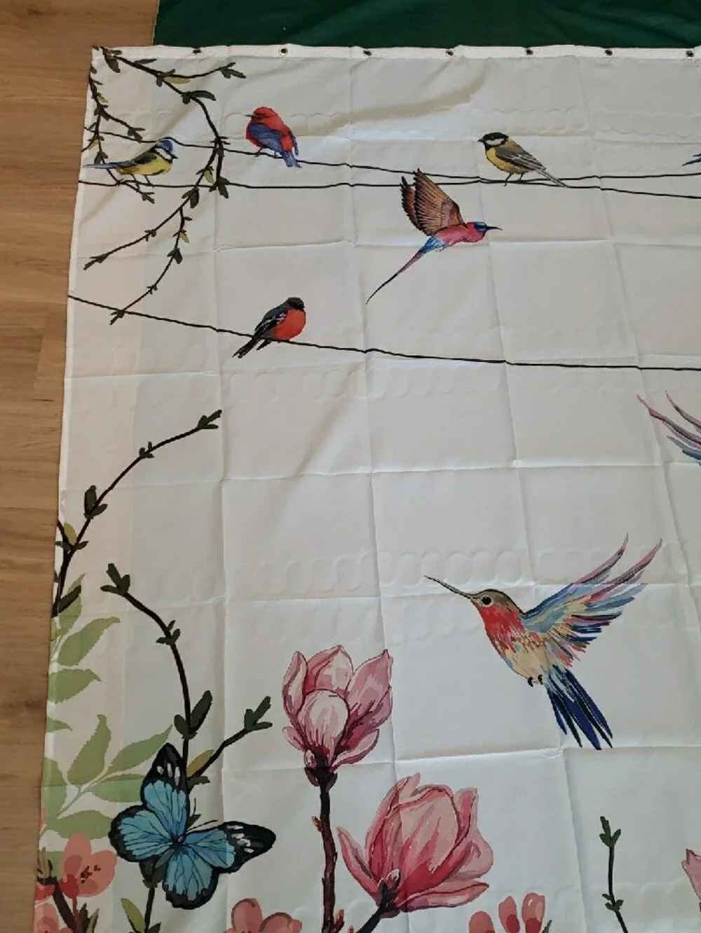 NEW Shower Curtain Allenjoy Pink Floral & Hummingbirds on White & Butterflies